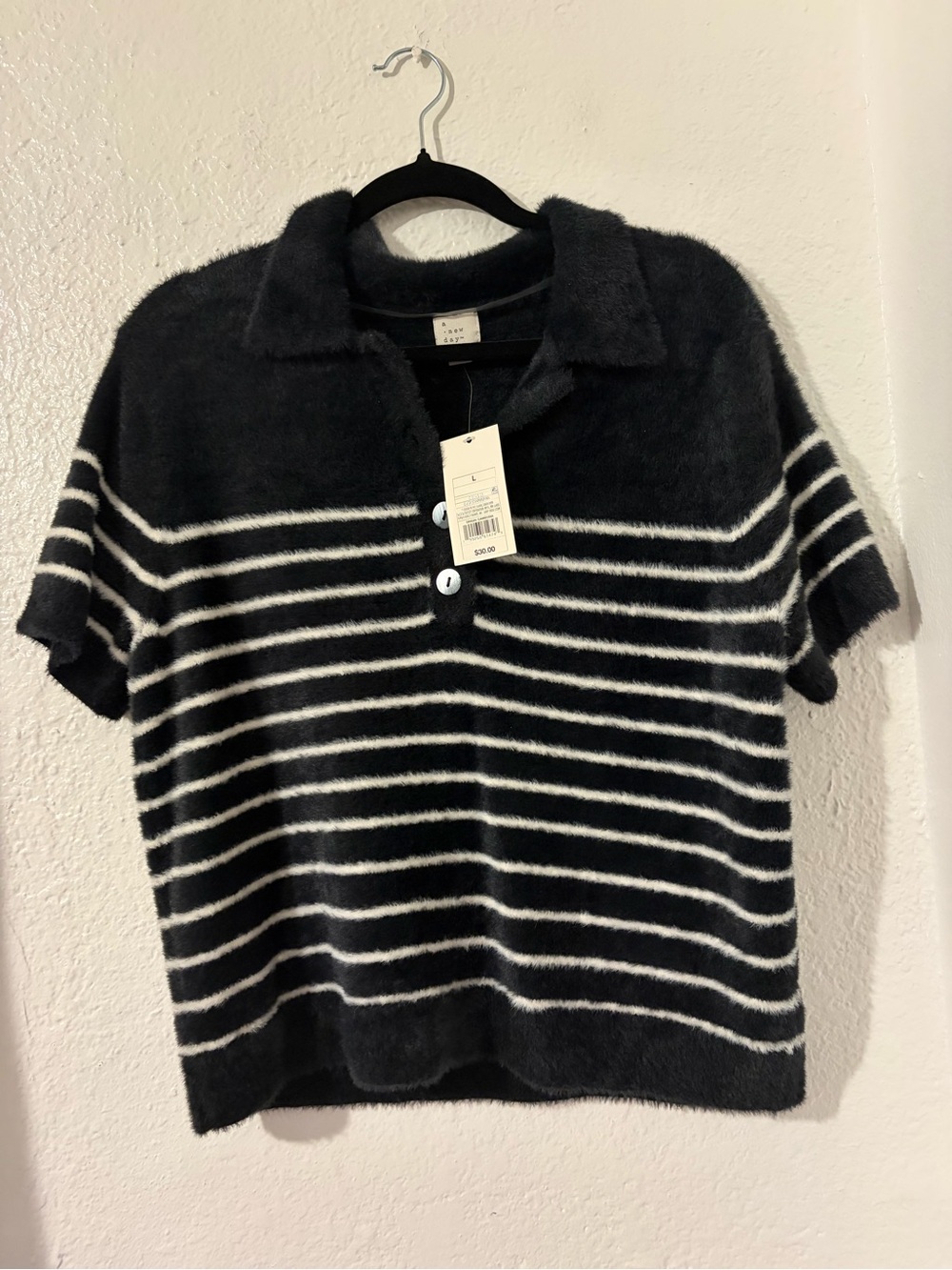 a new day Black & White Striped Short-Sleeve Polo Sweater